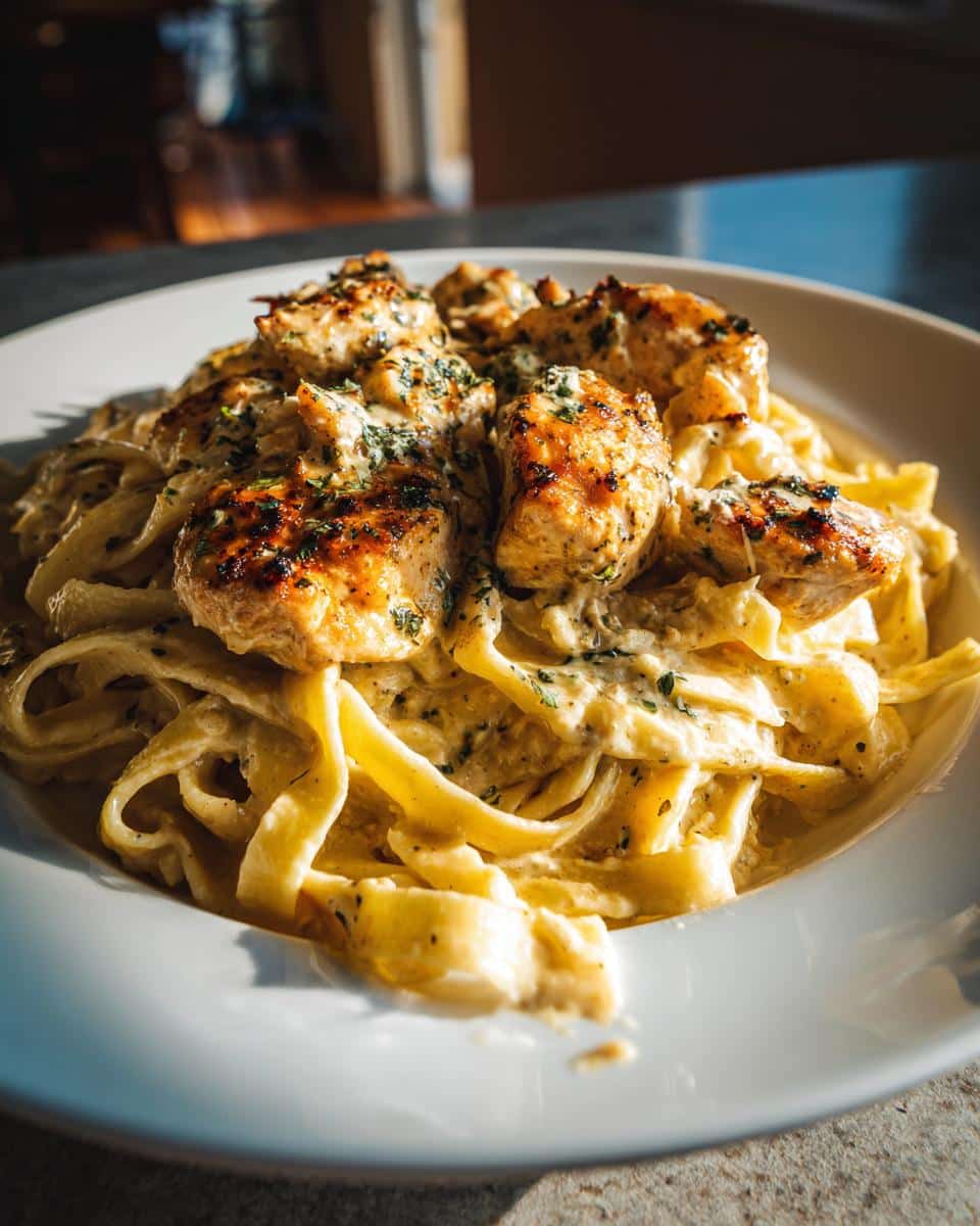 30-Minute Marry Me Chicken Pasta That Never Fails 4 Close-up of a plate of Marry Me Chicken Pasta, featuring creamy fettuccine and golden-brown chicken pieces garnished with herbs.