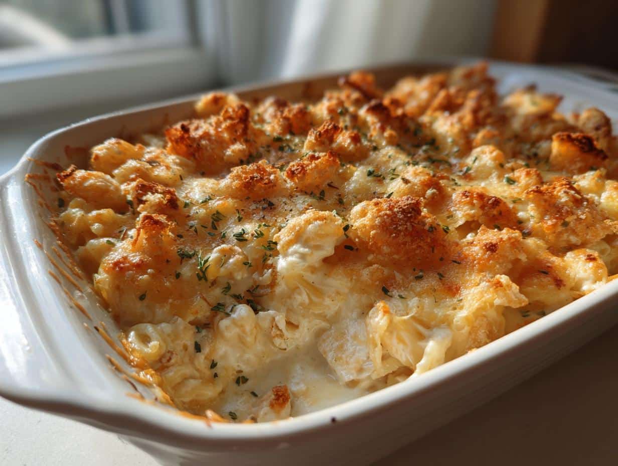 A close-up of a freshly baked Creamy Neiman Marcus Chicken Casserole in a white baking dish, topped with golden-brown breadcrumbs and herbs.
