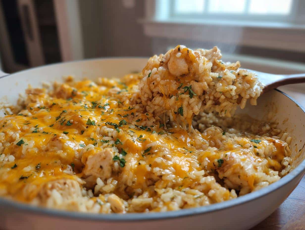 Creamy One-Pan Chicken Rice Casserole in 40 Minutes 1 Close-up of a creamy One Pan Pioneer Woman Chicken Rice Casserole in a white pan, with melted cheese and a spoonful being lifted.