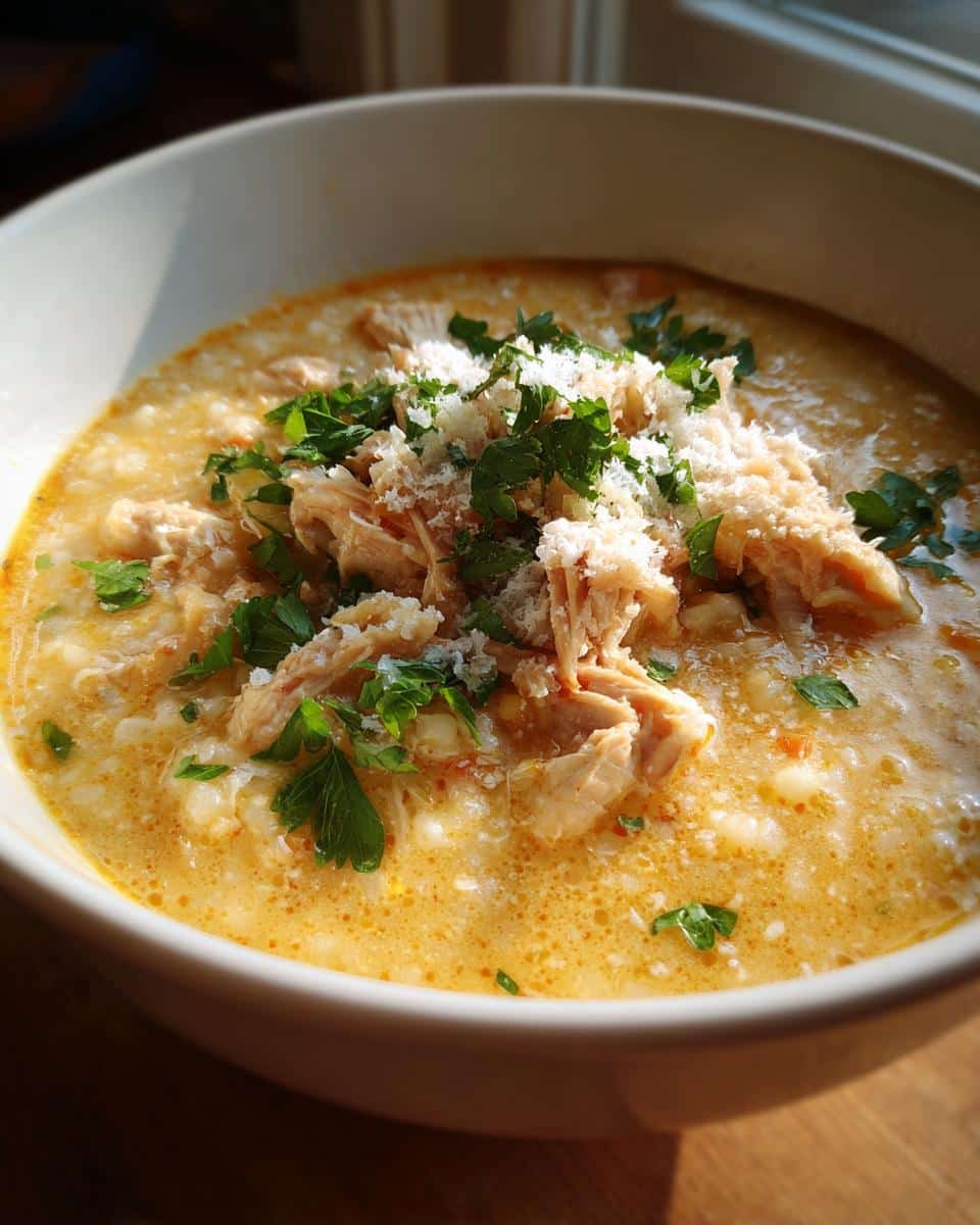 Creamy Sicilian Chicken Soup Recipe That Melts Stress Away 2 Close-up of a bowl of Creamy Sicilian Chicken Soup, garnished with shredded chicken, grated cheese, and fresh parsley.
