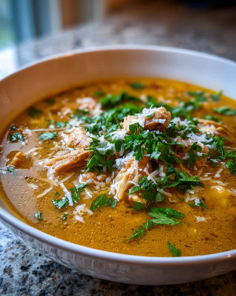 Creamy Sicilian Chicken Soup Recipe That Melts Stress Away 4 Close-up of a bowl of Creamy Sicilian Chicken Soup, garnished with fresh parsley and grated Parmesan cheese.