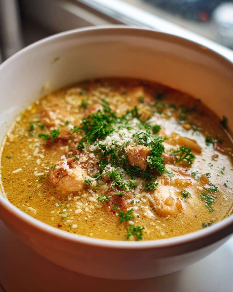 Creamy Sicilian Chicken Soup Recipe That Melts Stress Away 5 Close-up of a white bowl filled with Creamy Sicilian Chicken Soup, garnished with grated Parmesan cheese and fresh parsley.