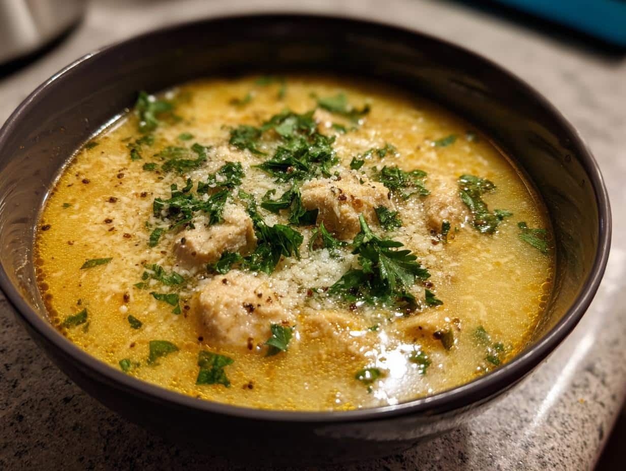 Creamy Sicilian Chicken Soup Recipe That Melts Stress Away 1 A close-up shot of a bowl of Creamy Sicilian Chicken Soup, garnished with fresh parsley and grated cheese.