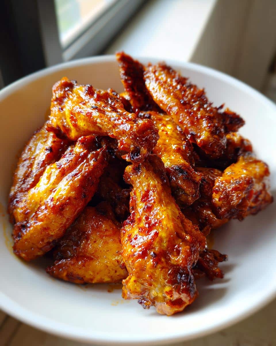 A white bowl filled with glistening, golden-brown Creamy Sweet and Spicy Chicken Wings, ready to be served.