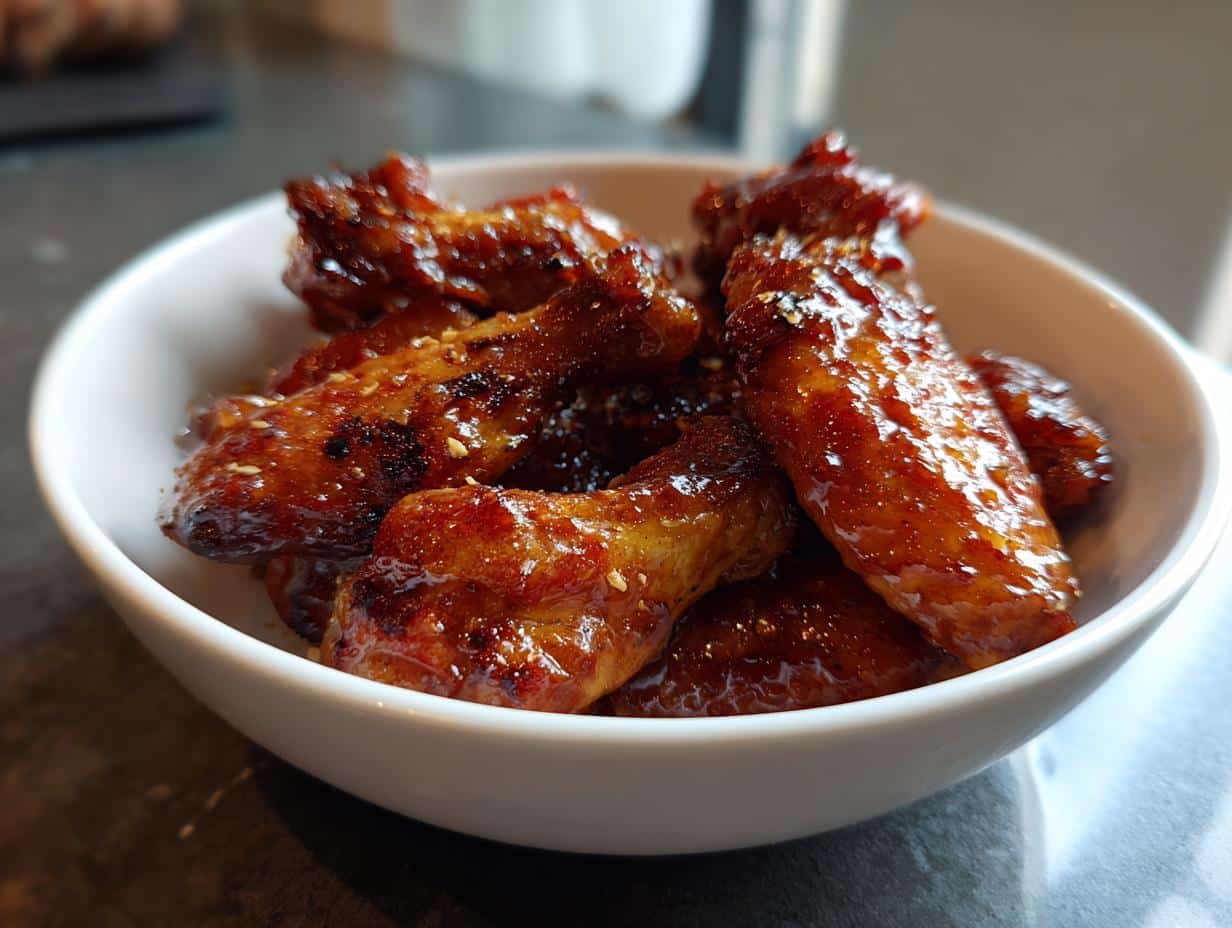 A white bowl filled with glossy, golden-brown Creamy Sweet and Spicy Chicken Wings, sprinkled with sesame seeds.
