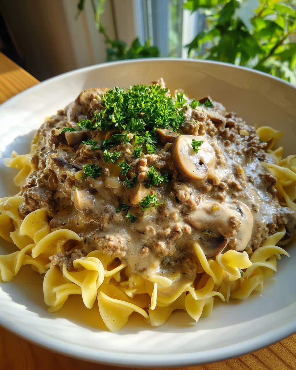 A close-up of a bowl of Creamy Turkey Stroganoff served over egg noodles, garnished with fresh parsley.