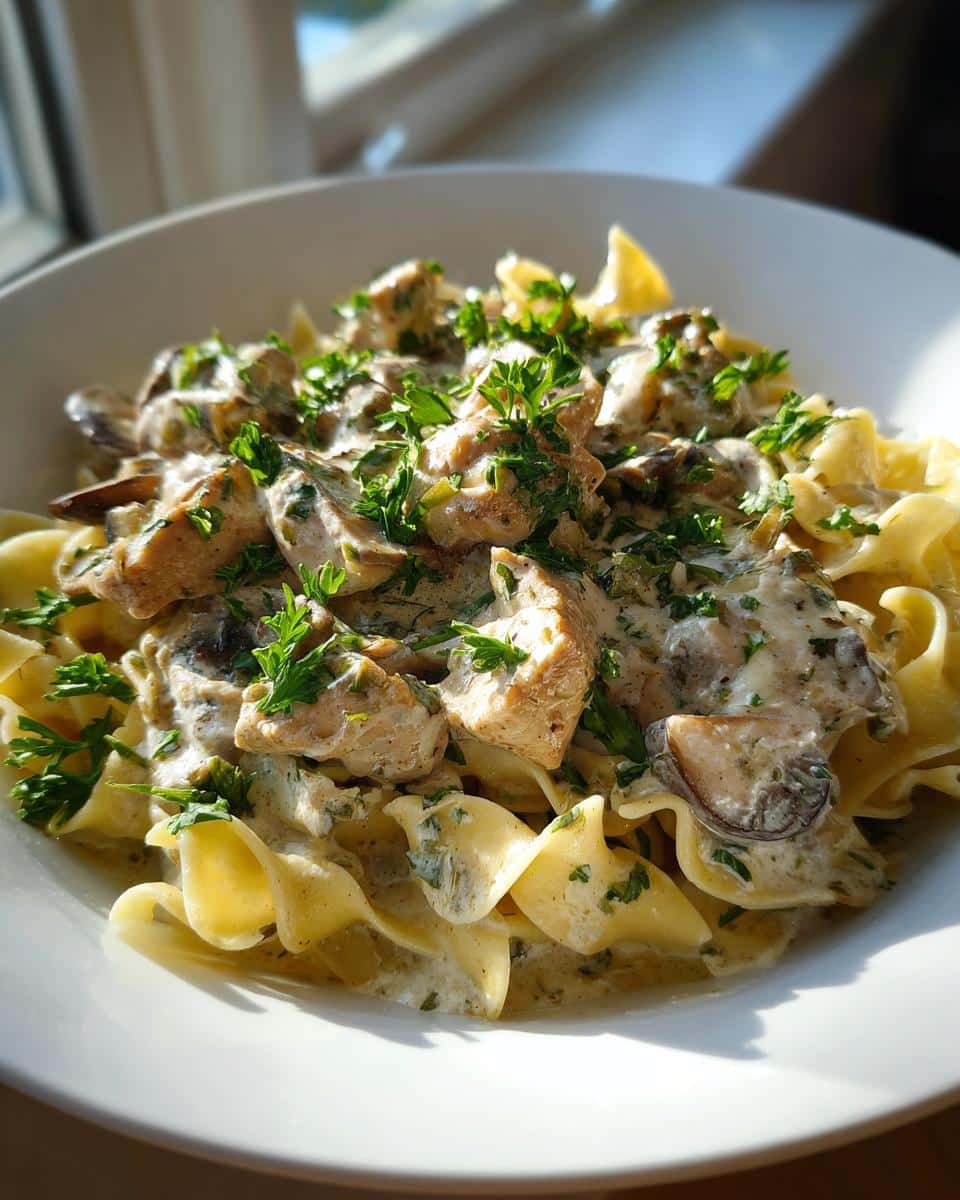 Close-up of a bowl of Creamy Turkey Stroganoff served over egg noodles, garnished with fresh parsley.