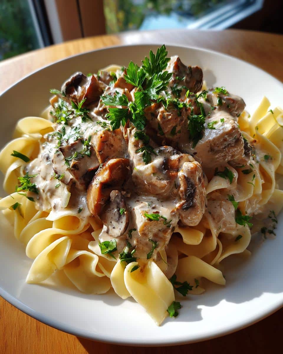A close-up of a bowl of Creamy Turkey Stroganoff served over egg noodles, garnished with fresh parsley.