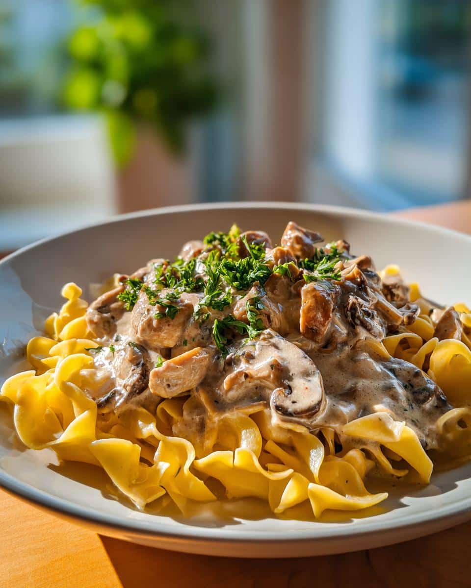 A close-up of a bowl of Creamy Turkey Stroganoff with egg noodles, mushrooms, and fresh parsley.