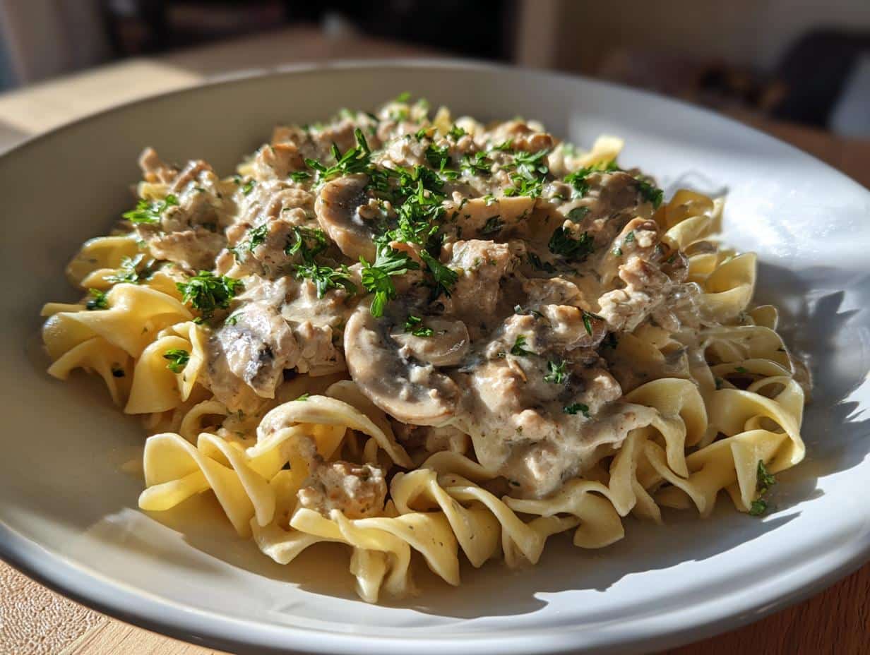 A close-up of a bowl of Creamy Turkey Stroganoff served over egg noodles, garnished with fresh parsley.