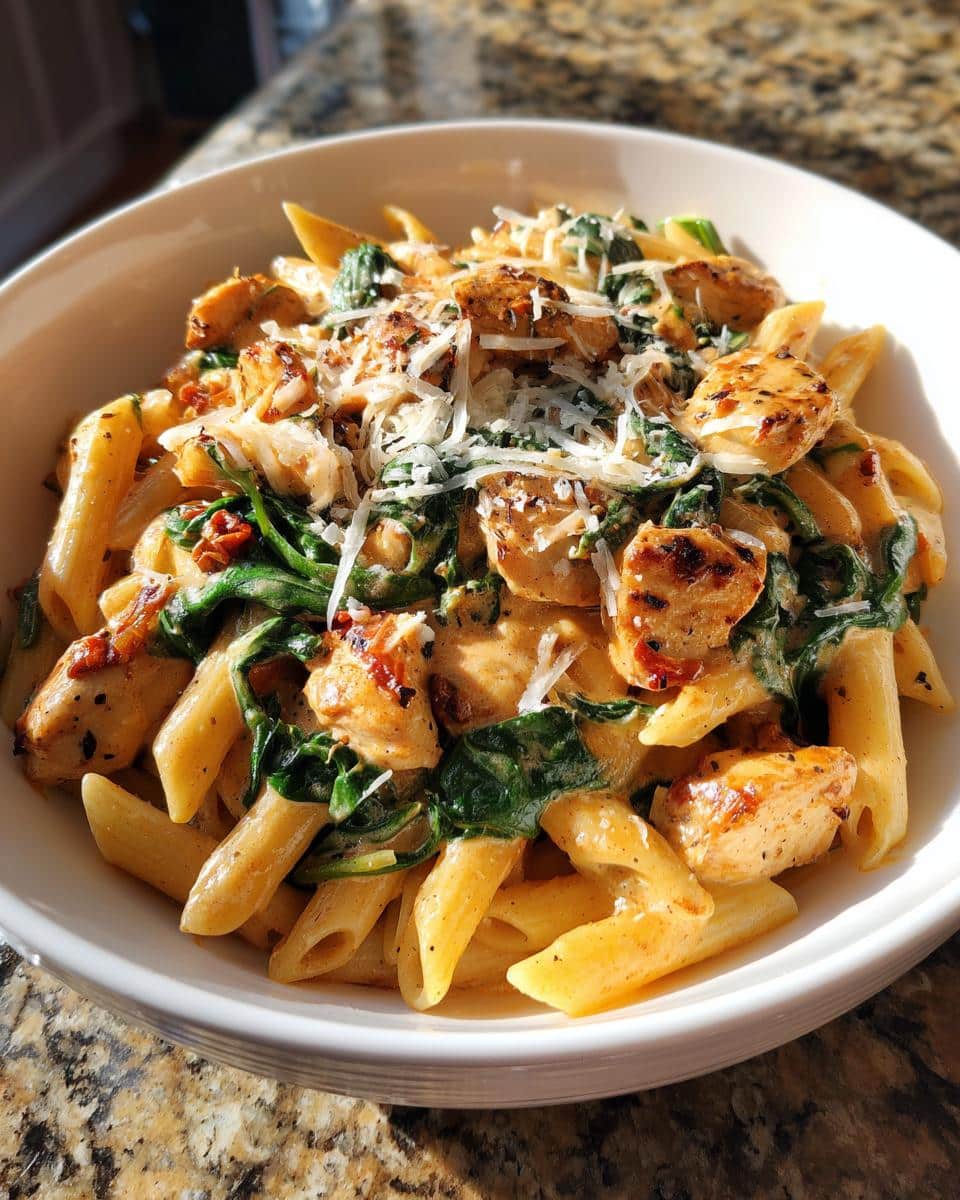 Creamy Tuscan Chicken Pasta Recipe: 30-Minute Dinner Magic 3 A close-up of a bowl of Creamy Tuscan Chicken Pasta, featuring penne, chicken, spinach, sun-dried tomatoes, and parmesan.