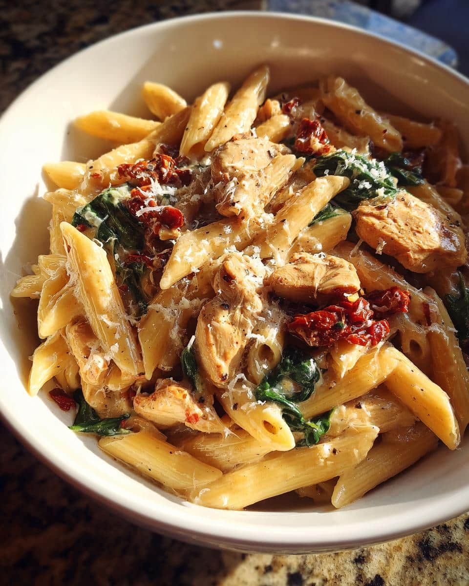 Creamy Tuscan Chicken Pasta Recipe: 30-Minute Dinner Magic 4 A close-up shot of a bowl of Creamy Tuscan Chicken Pasta, featuring penne, chicken, sun-dried tomatoes, and spinach.