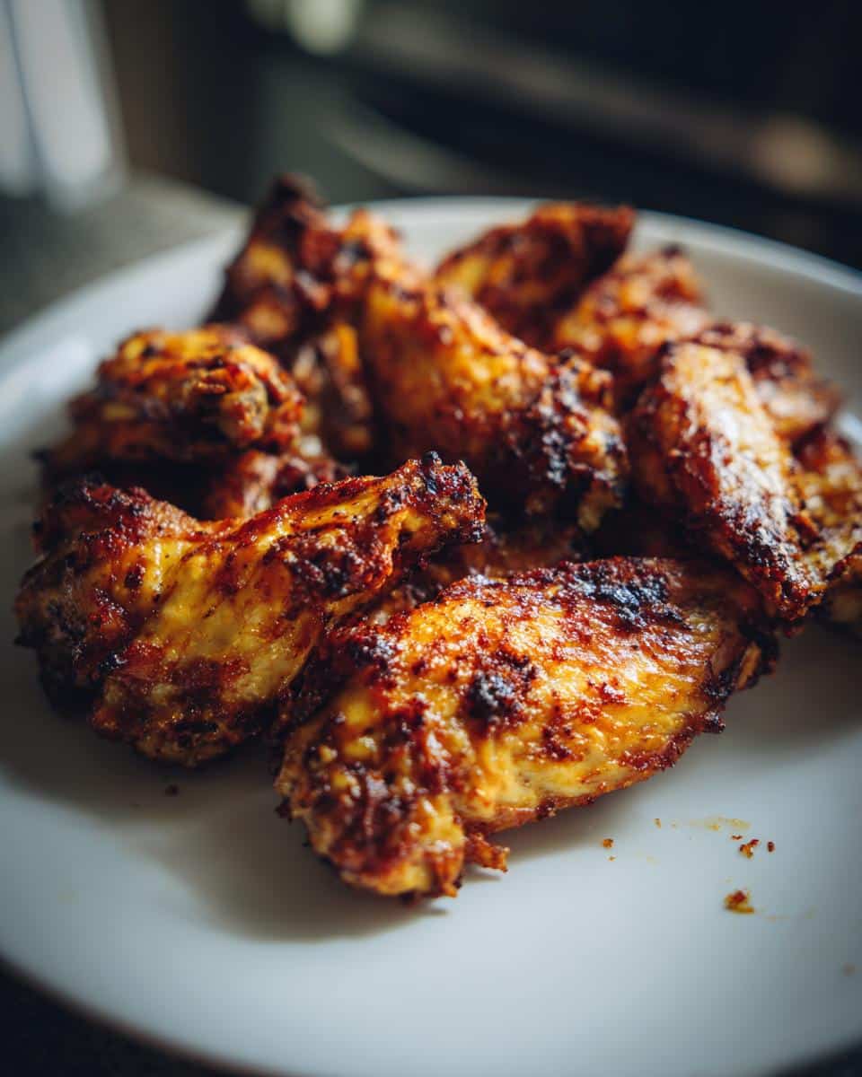 Close-up of a plate piled high with golden brown, crispy Baked Chicken Wings, showing their delicious texture.