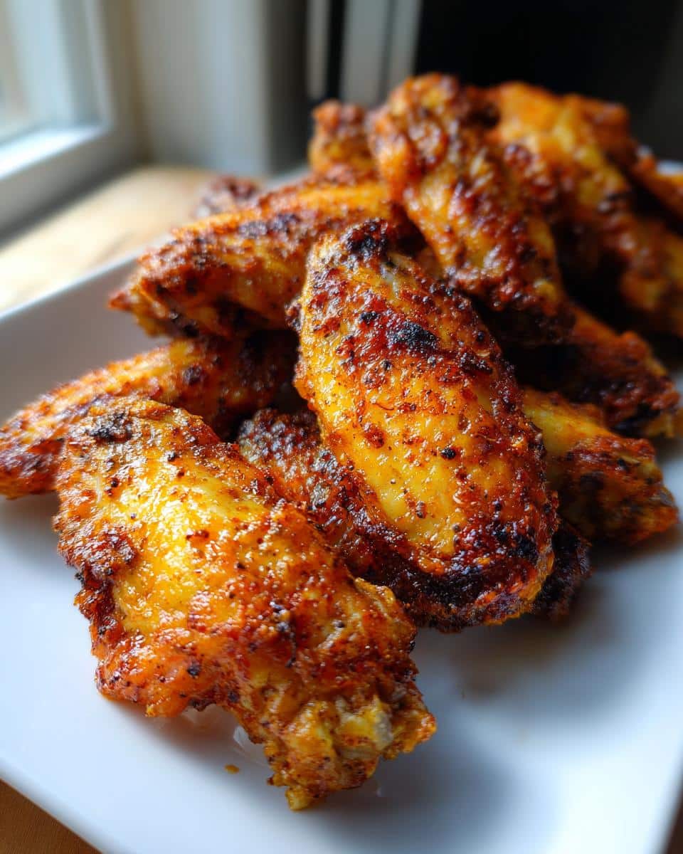 Close-up of golden brown Crispy Baked Chicken Wings seasoned with a flavorful spice blend on a white plate.