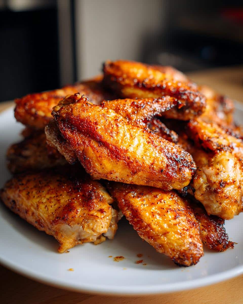A close-up of a pile of golden-brown, crispy Baked Chicken Wings Recipe on a white plate, seasoned with spices.