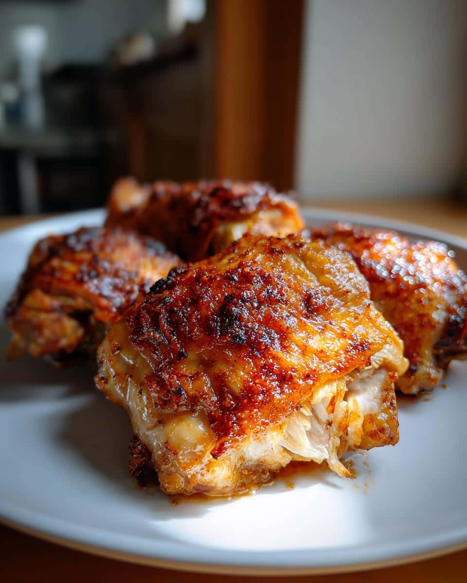 Close-up of several crispy-skinned Crockpot Chicken Thigh Recipes on a white plate, showing golden-brown skin and tender meat.