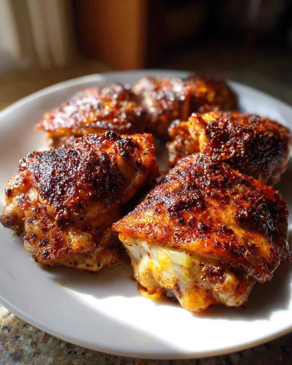 Close-up of several crispy, seasoned Crockpot Chicken Thighs on a white plate, showing golden-brown skin.