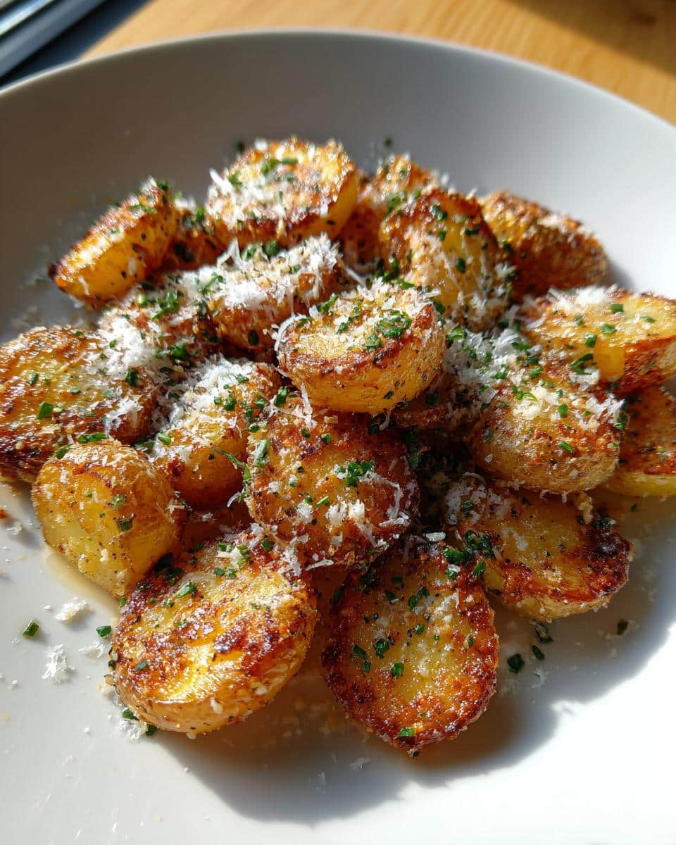 A close-up of a plate piled high with golden brown Crispy Crunchy Parmesan Potatoes, garnished with grated parmesan and fresh chives.
