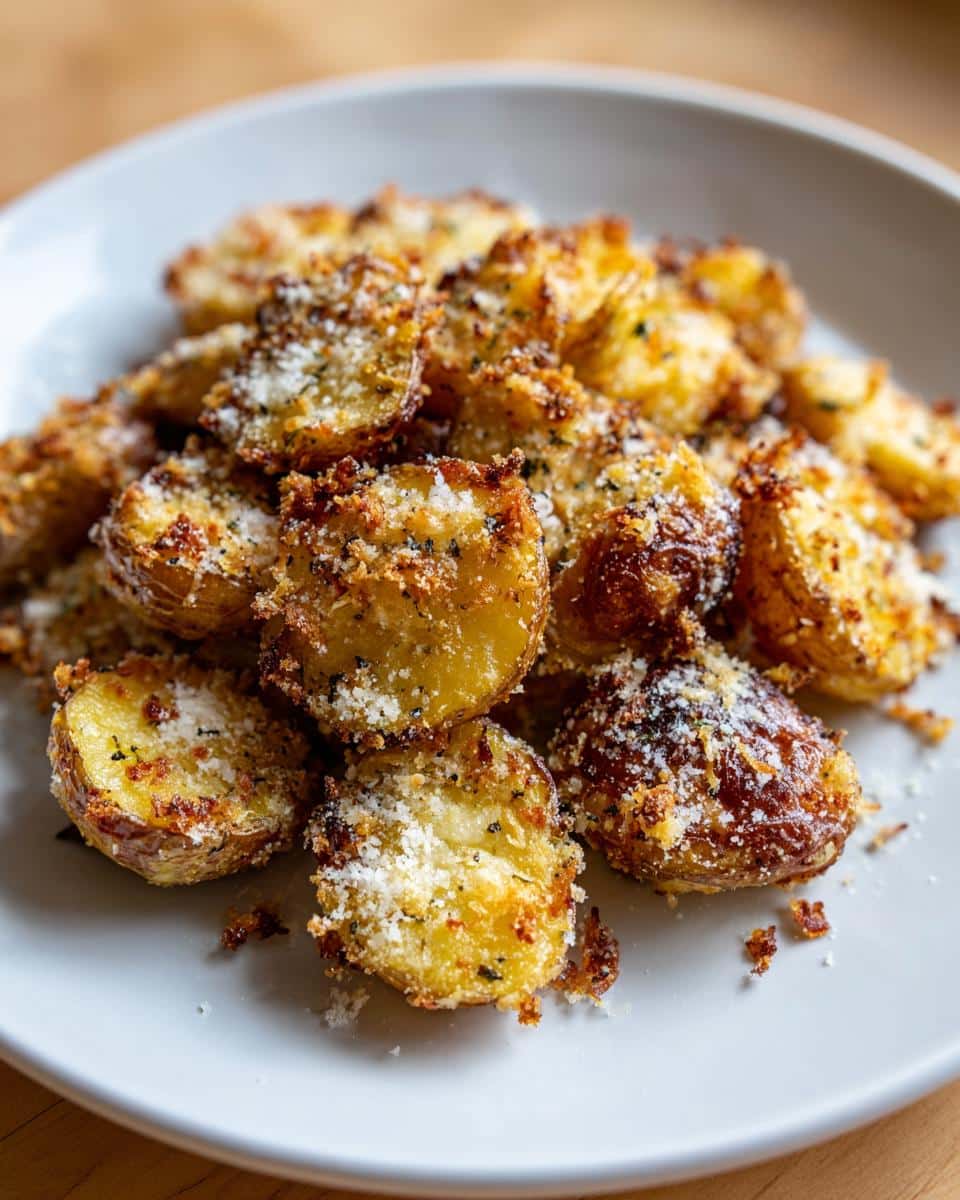 A close-up of a plate piled high with golden brown Crispy Crunchy Parmesan Potatoes, sprinkled with grated cheese and herbs.