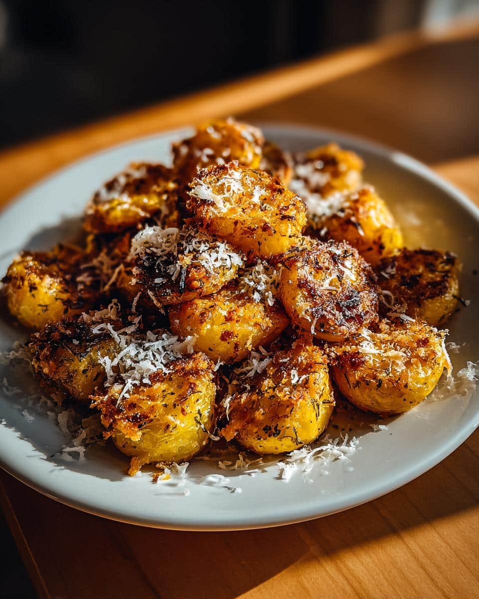 A close-up of a pile of golden Crispy Crunchy Parmesan Potatoes, generously topped with grated cheese and herbs.
