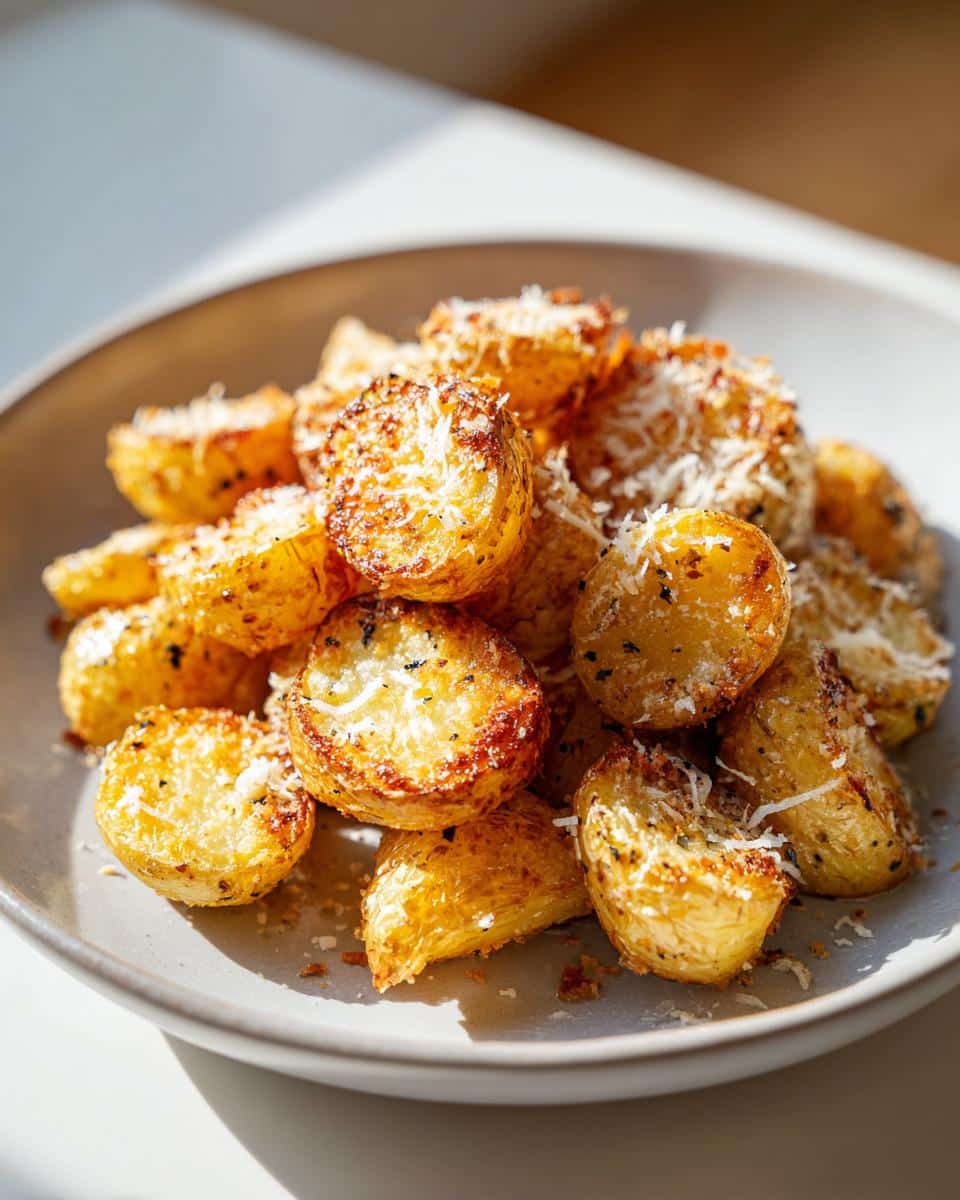 A close-up of a plate piled high with golden brown Crispy Crunchy Parmesan Potatoes, sprinkled with grated cheese.