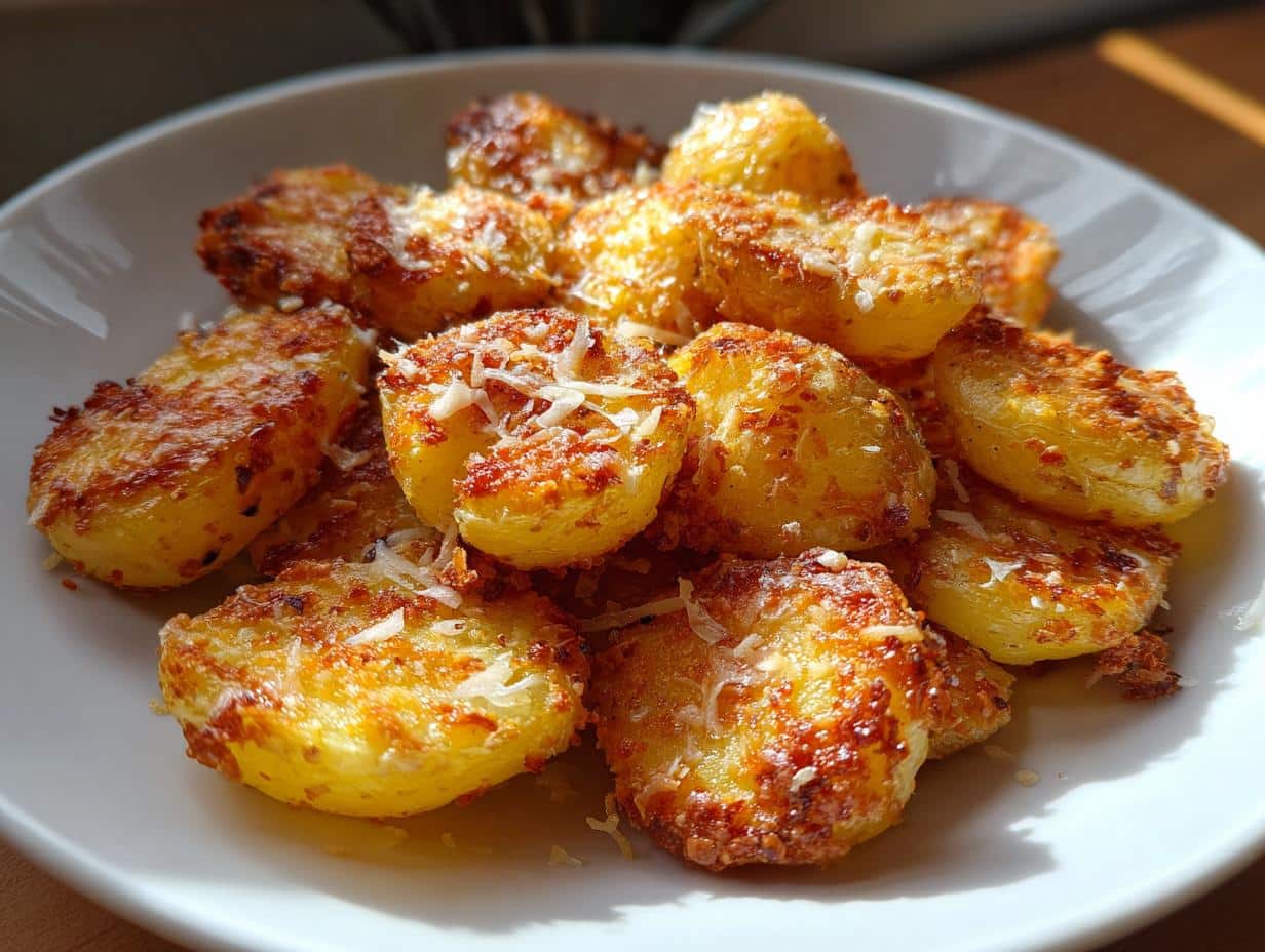A close-up of a white plate filled with golden brown Crispy Crunchy Parmesan Potatoes, sprinkled with grated cheese.