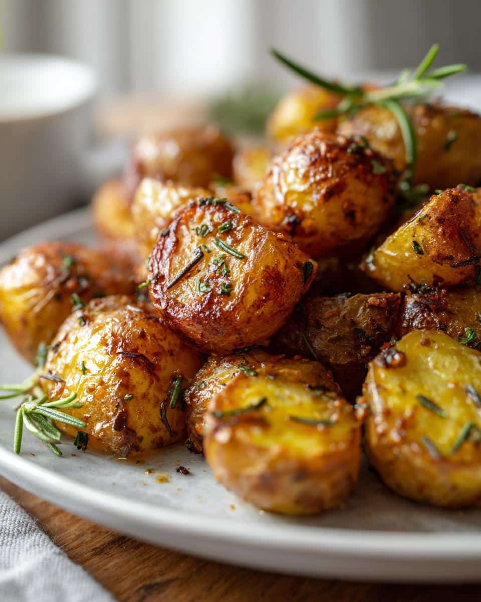 A close-up of a plate piled high with golden brown, crispy Garlic Herb Roasted Baby Potatoes, garnished with fresh rosemary.