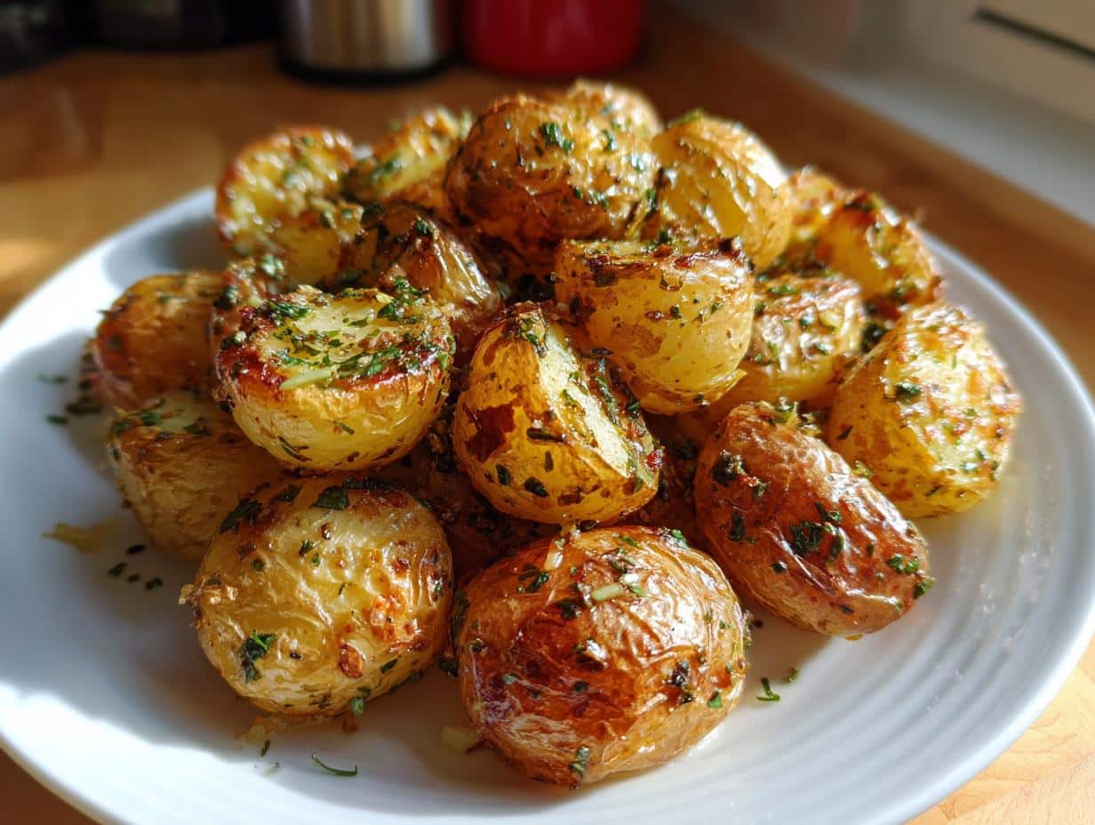 A close-up of a white plate piled high with golden-brown, crispy Garlic Herb Roasted Baby Potatoes, garnished with fresh herbs.