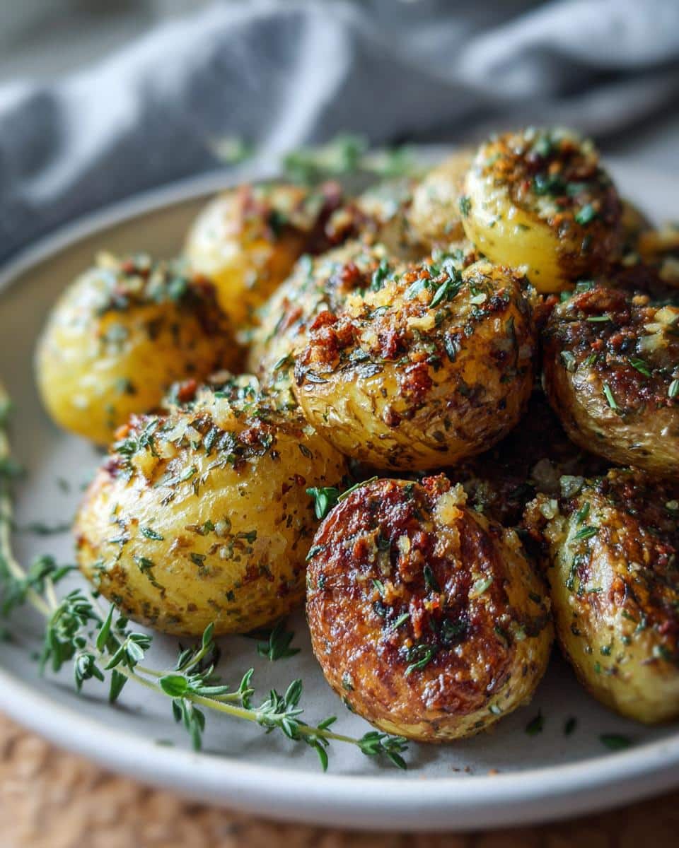 A close-up of a plate piled high with crispy Garlic Herb Roasted Baby Potatoes, garnished with fresh thyme.