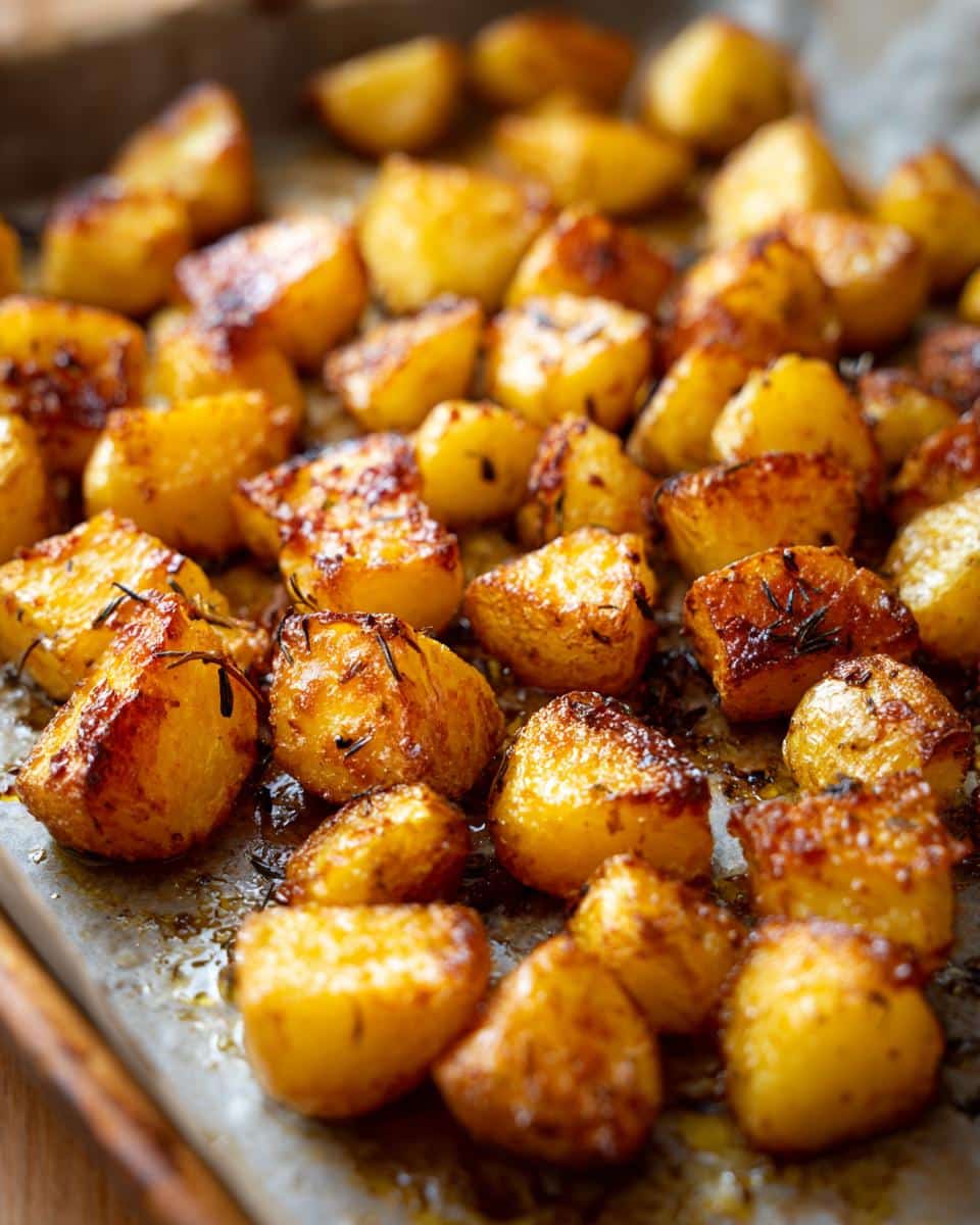 Close-up of golden brown, Quick Irresistibly Crispy Roast Potatoes with herbs and oil on a baking sheet.