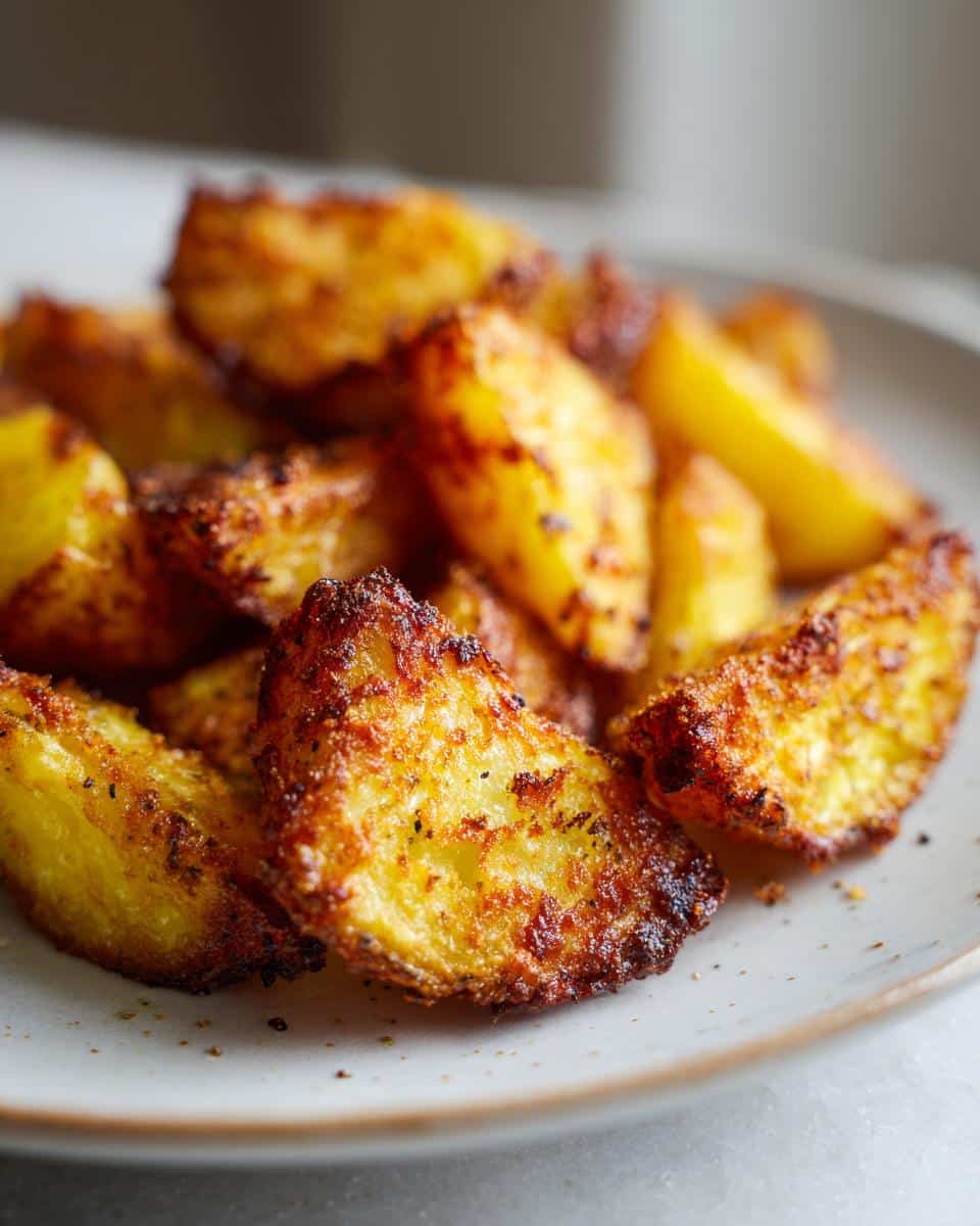 Close-up of golden brown Crispy Parmesan Roasted Red Potatoes on a plate, showing their crispy texture.