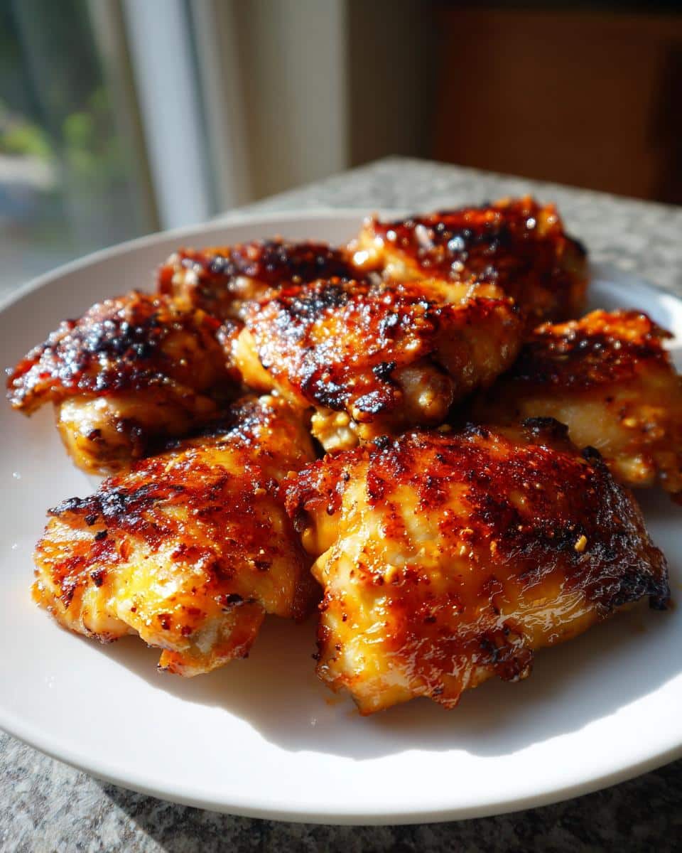 A white plate filled with golden-brown, crispy skillet Bang Bang chicken thighs, glistening with sauce.