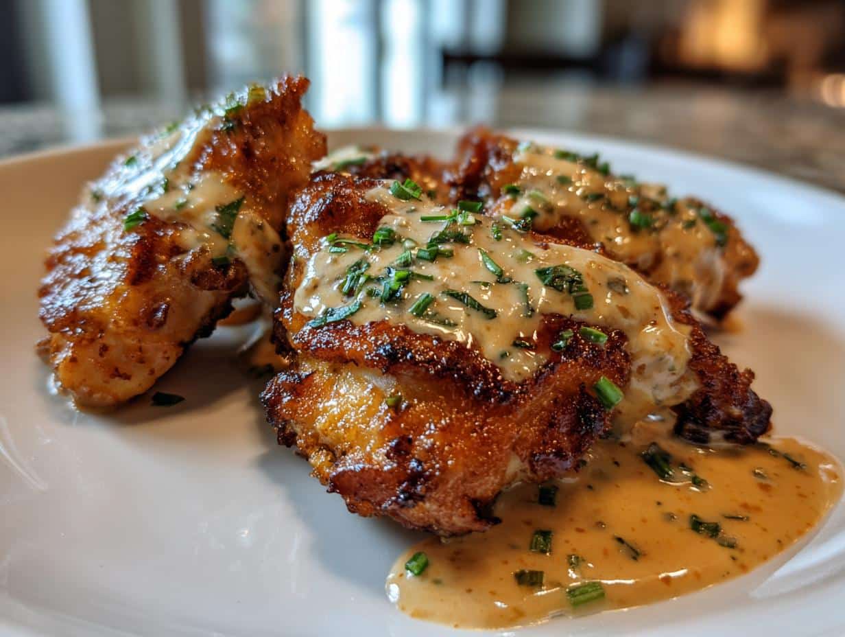 Close-up of crispy skillet Bang Bang Chicken Thighs drizzled with creamy sauce and fresh chives on a white plate.