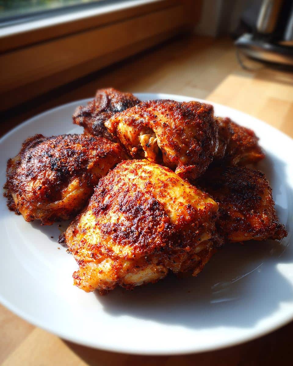 Spicy Chicken Thighs That Win Over Picky Eaters Every Time 5 A close-up of several crispy, golden-brown Spicy Chicken Thigh Recipes on a white plate, seasoned with visible spices.