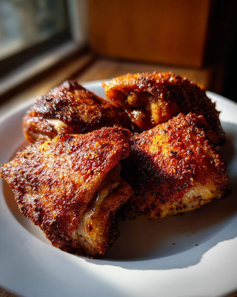 Spicy Chicken Thighs That Win Over Picky Eaters Every Time 3 Four crispy, golden-brown spicy chicken thighs on a white plate, with sunlight highlighting their textured skin.