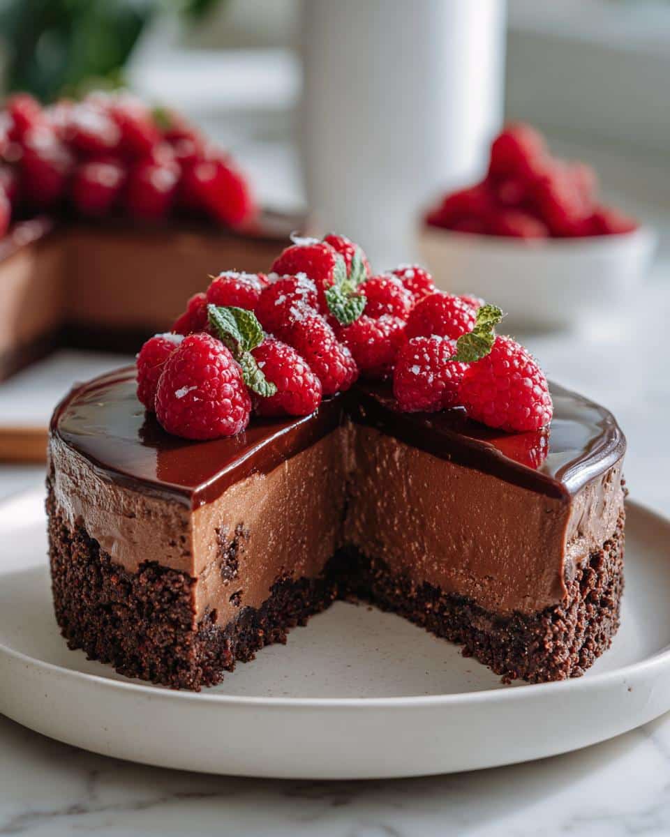 Decadent Dark Chocolate Raspberry Mousse Cake in 45 Minutes 2 A decadent Dark Chocolate Raspberry Mousse Cake with a slice removed, revealing rich chocolate layers and fresh raspberries on top.