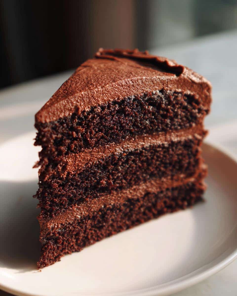 A close-up of a rich, dark chocolate cake slice with two layers of chocolate frosting on a white plate. This is the best chocolate cake recipe.