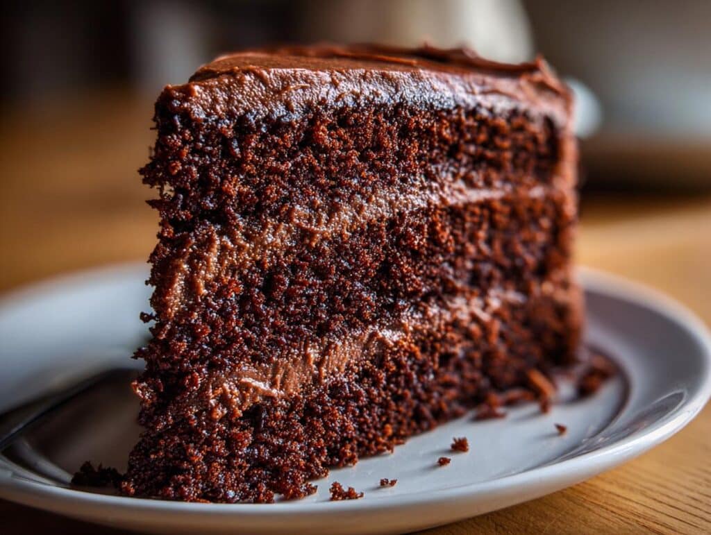 Close-up of a rich, moist slice of Chocolate Cake with chocolate frosting layers on a white plate.