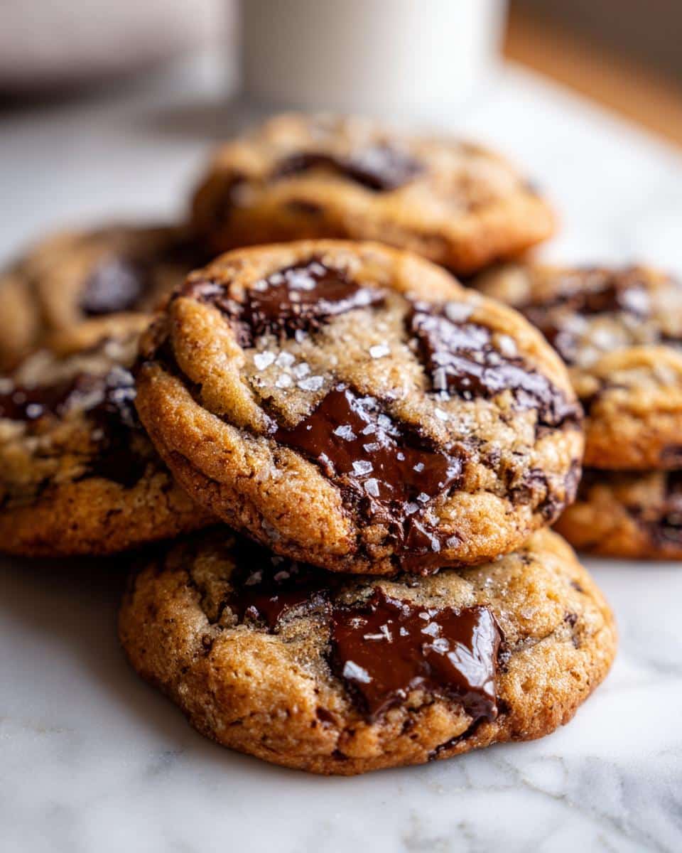 Dreamy Ultra Thick Chocolate Chip Cookies - 12 Magical Bites 5 A close-up stack of Dreamy Ultra Thick Bakery Style Chocolate Chip Cookies with melted chocolate and sea salt.