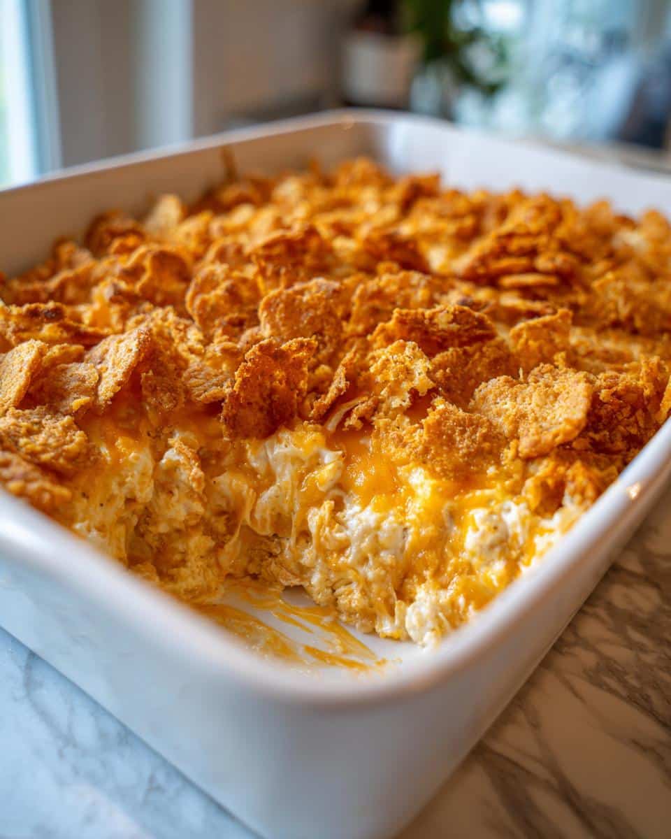 A close-up of a baked Easy Crack Chicken Casserole in a white dish, showing a creamy interior and a golden, crispy topping.