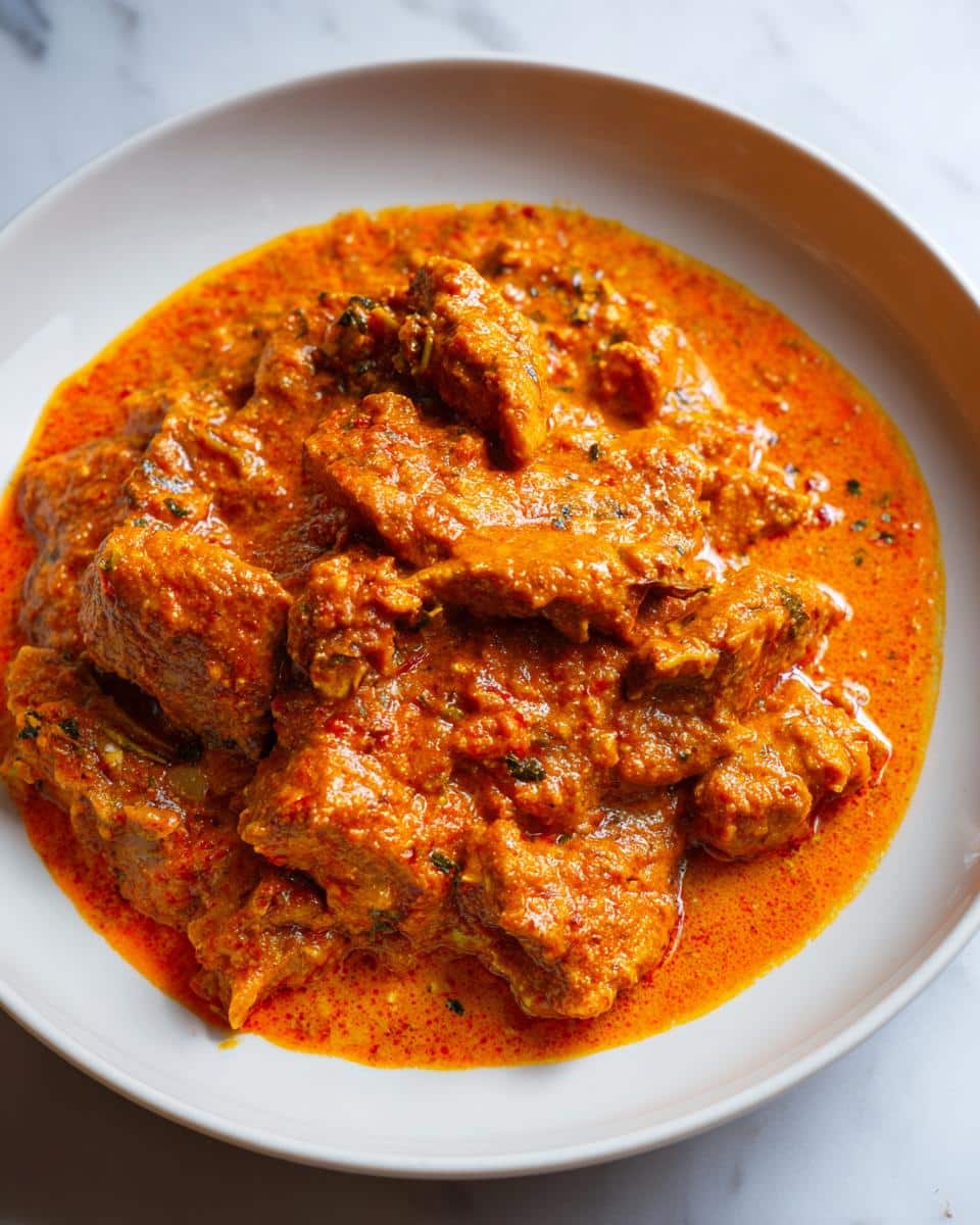 A close-up shot of a white bowl filled with vibrant orange Weeknight and Easy Homemade Butter Chicken.