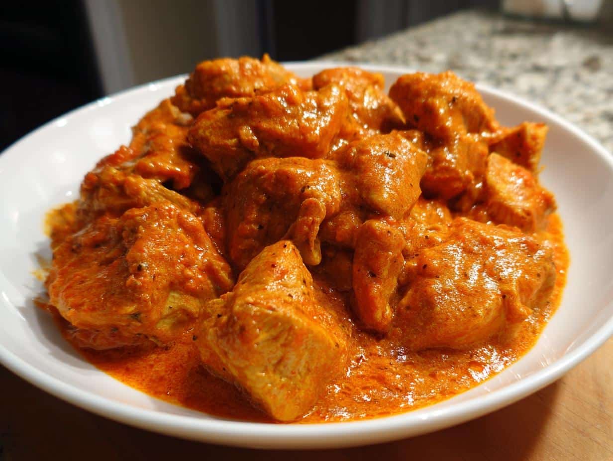 Close-up of a white bowl filled with vibrant orange Easy Homemade Butter Chicken, showcasing tender chicken pieces in a rich sauce.