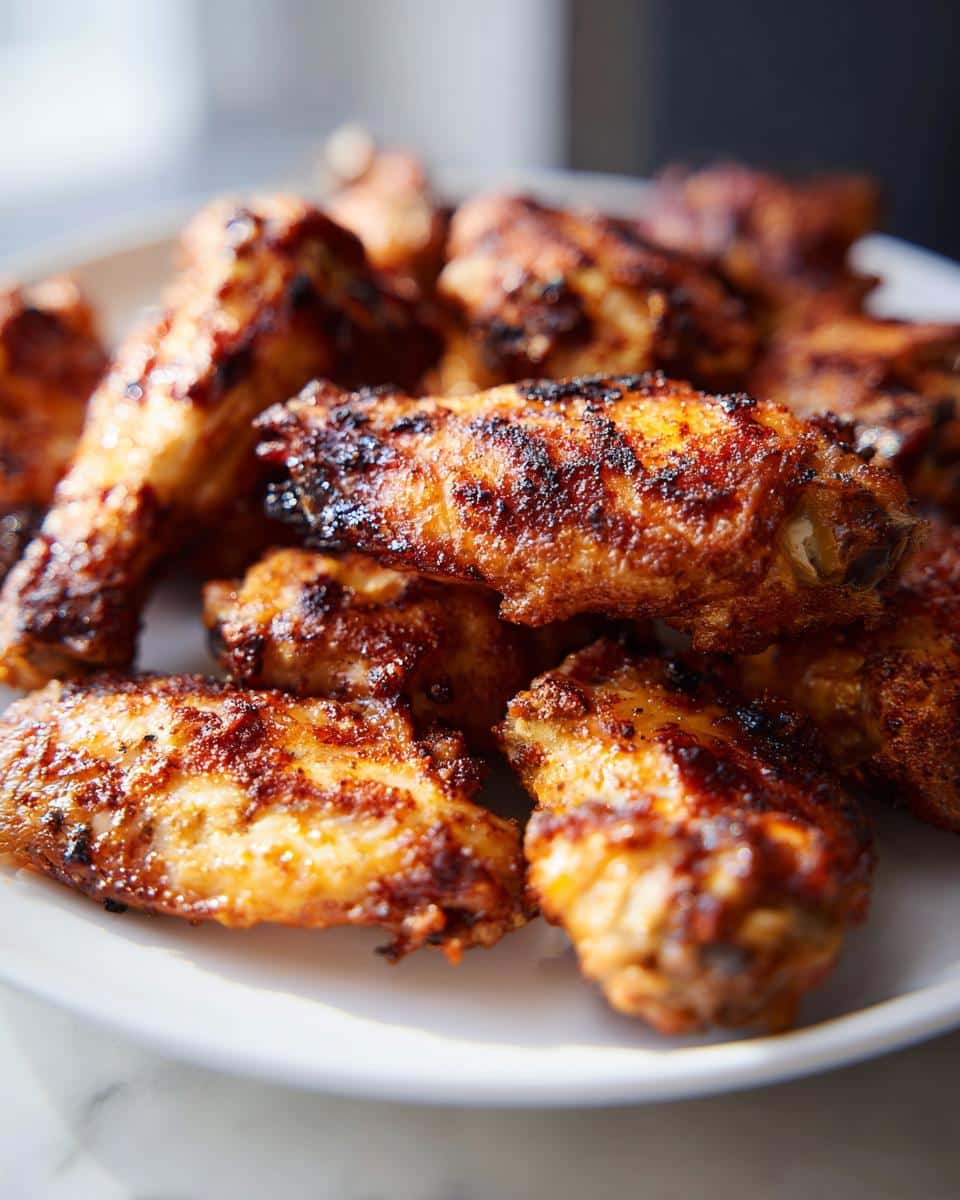 Close-up of a plate piled high with golden brown Extra Crispy Baked Wings for Dinner, showing their crispy skin.