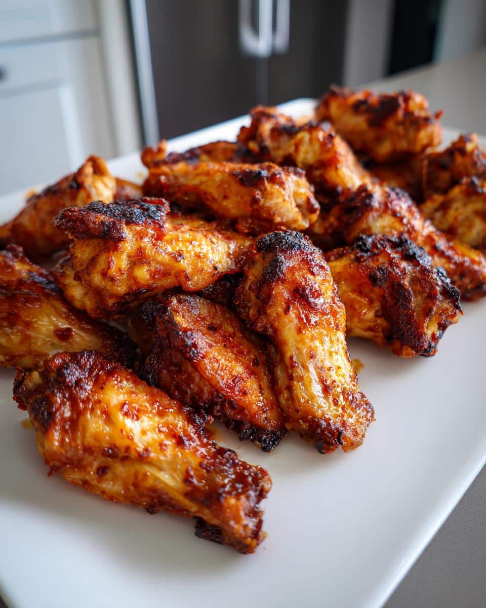 A close-up shot of a white rectangular plate piled high with Extra Crispy Baked Wings for Dinner, showing their golden-brown, crispy skin.