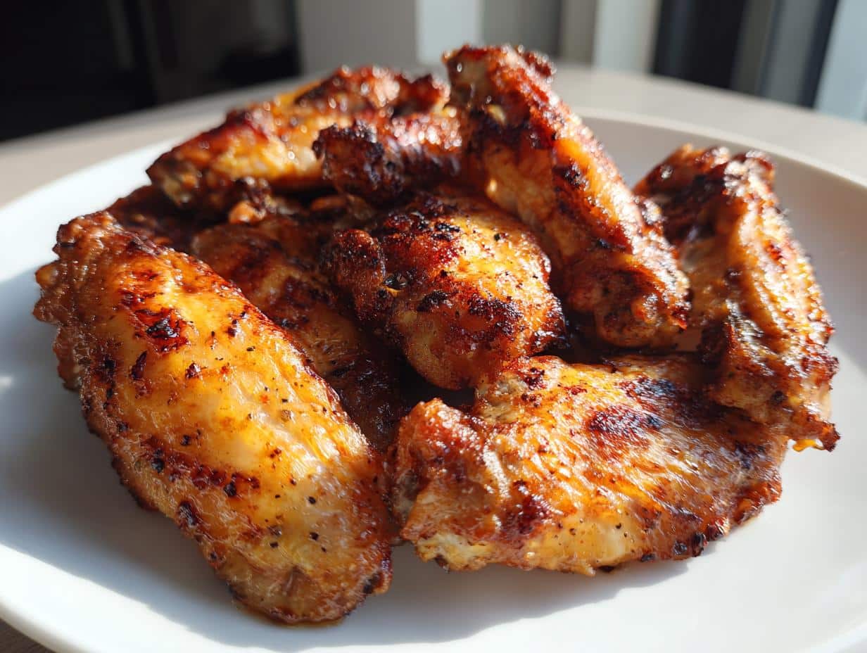 A close-up of a white plate piled high with golden brown, Extra Crispy Baked Wings for Dinner, showing their crispy skin.