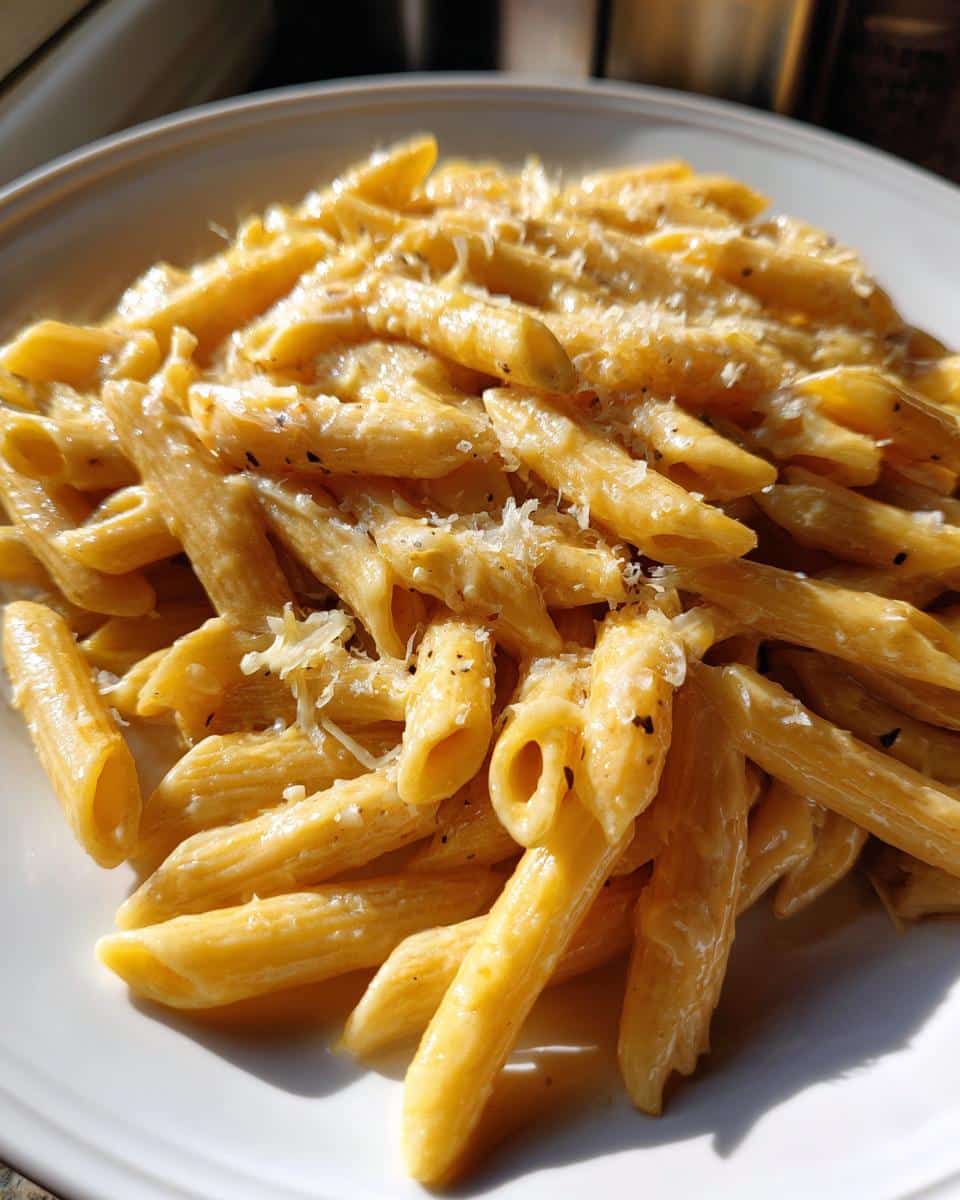 Close-up of a plate of Family Creamy Garlic Penne Pasta, generously coated in a creamy sauce and sprinkled with cheese and black pepper.