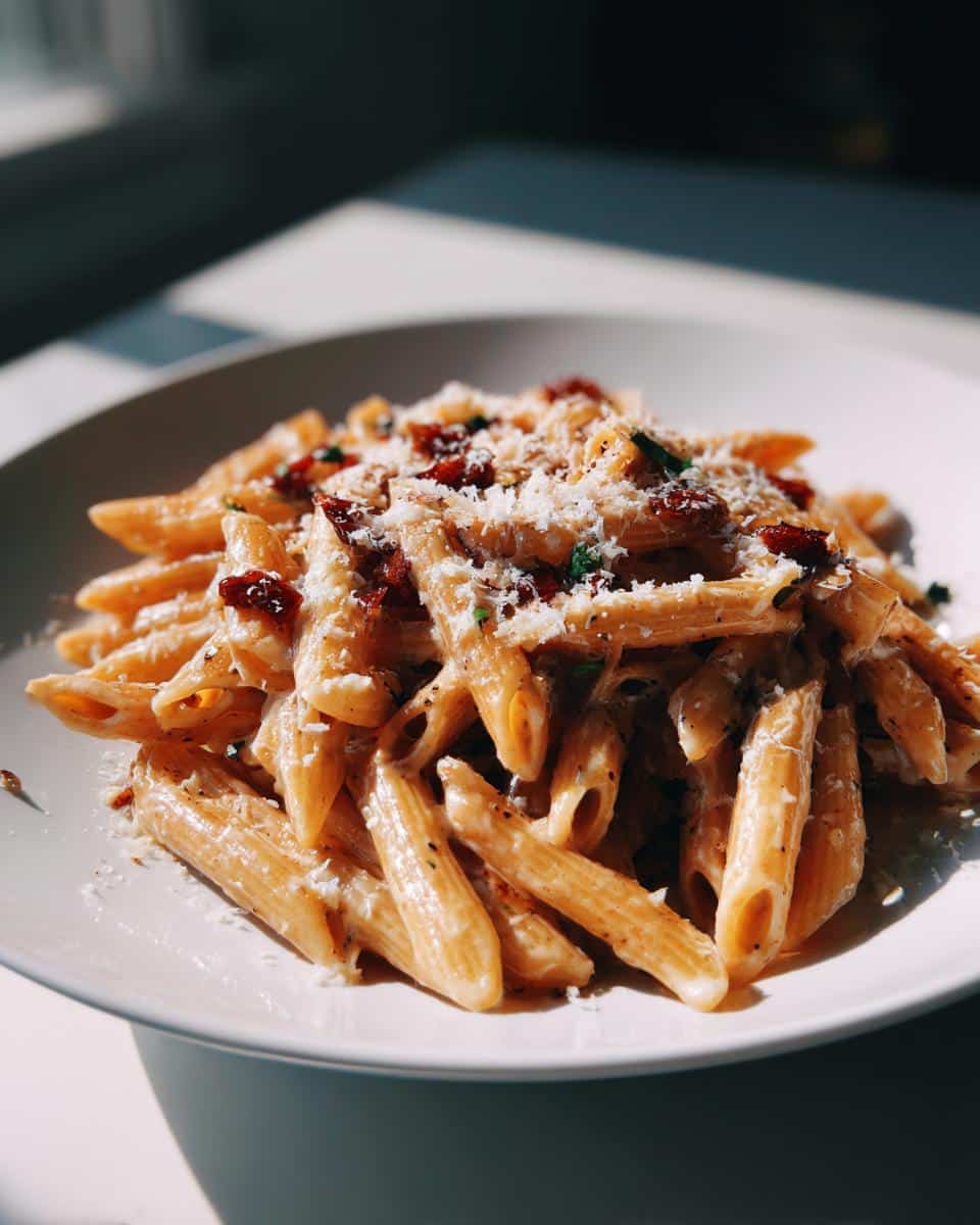 Close-up of a white plate filled with Family Creamy Garlic Penne Pasta, topped with grated cheese and sun-dried tomatoes.