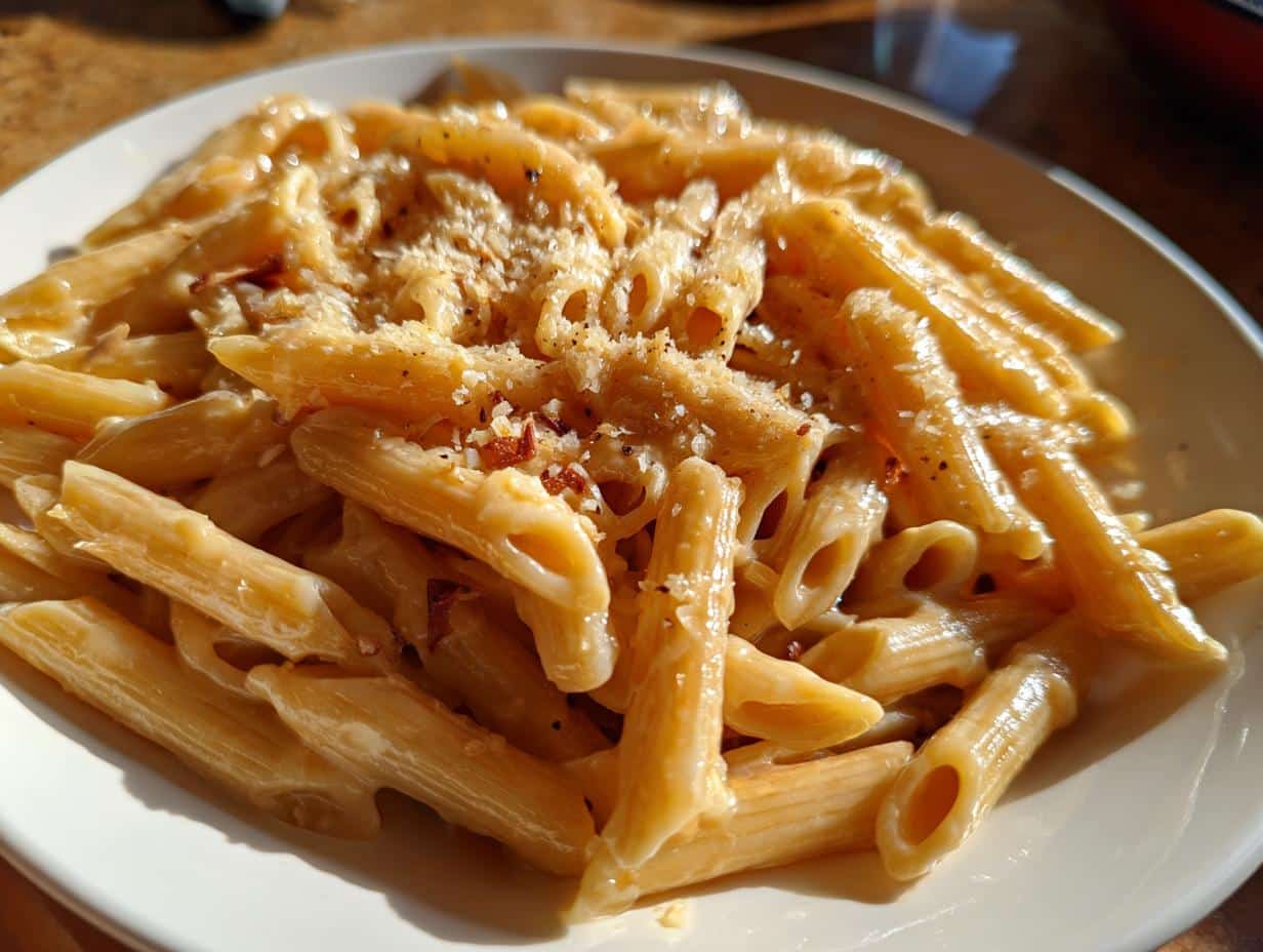 A close-up of a white plate filled with creamy garlic penne pasta, garnished with grated cheese and black pepper.