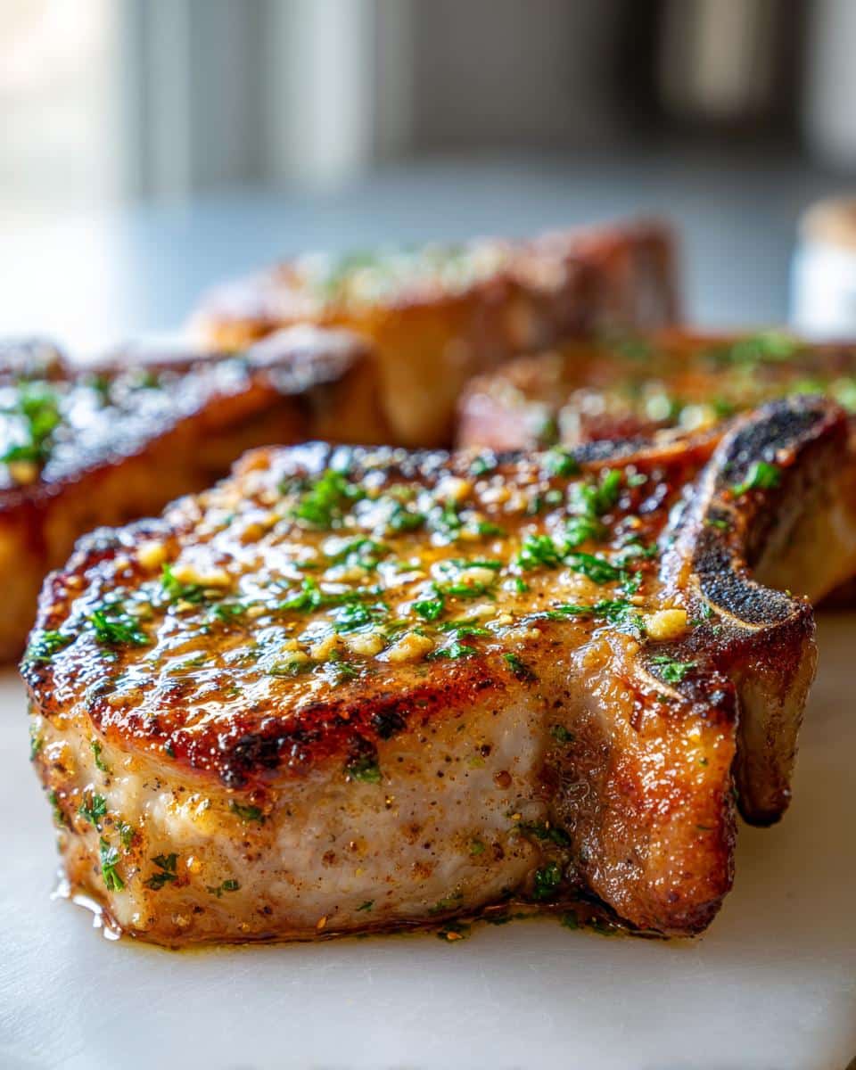 Close-up of a golden-brown, juicy Family Garlic Butter Pork Chops garnished with fresh parsley and garlic bits.