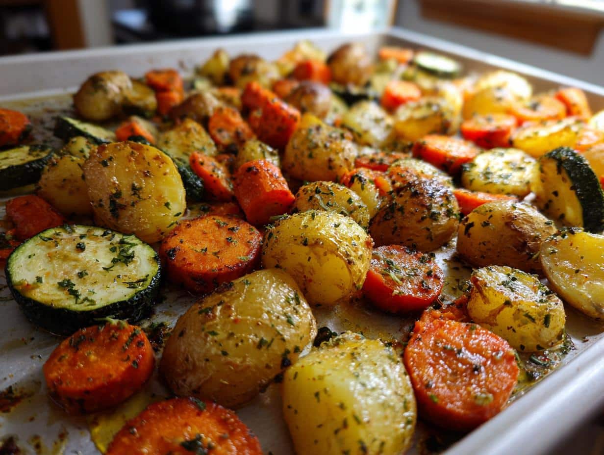 Close-up of a sheet pan filled with golden brown Family Garlic Herb Roasted Potatoes, Carrots, and Zucchini, seasoned with herbs.